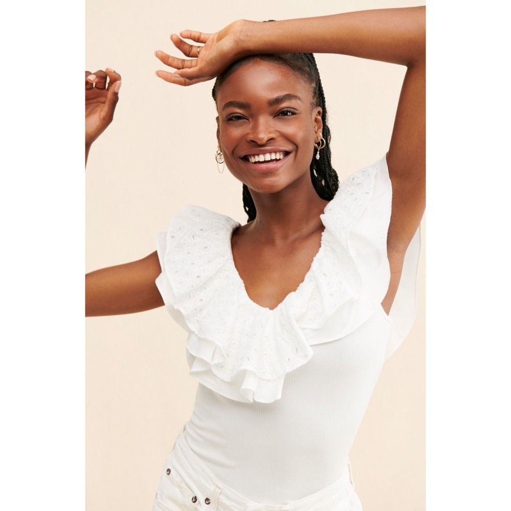 Sunday In Brooklyn White Eyelet Ruffle Ribbed Tank Top Sleeveless V-Neck Size S